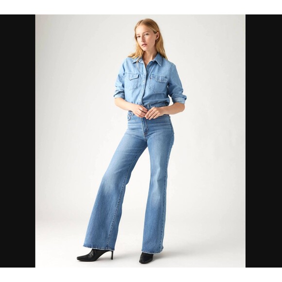 Levi’s Ribcage Bell Jeans Women’s 26x30 27W Blue Denim Flare High Rise BLANK TAB - Picture 3 of 9